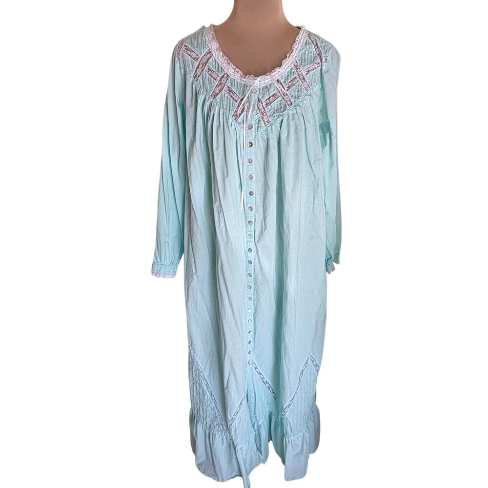 Vintage Eileen West Aqua Cotton Victorian Nightgown Cottage Romantic Regency